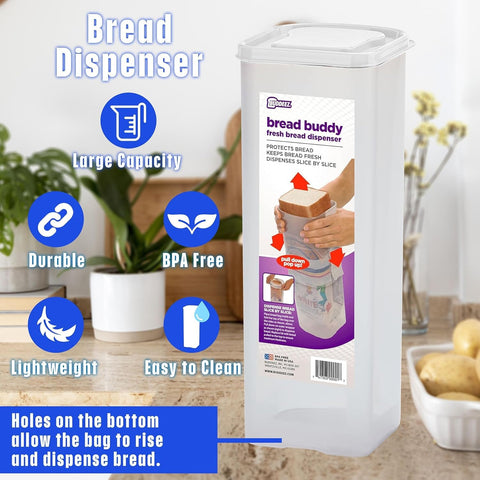 Buddeez container on a narrow shelf showing vertical pantry space saved