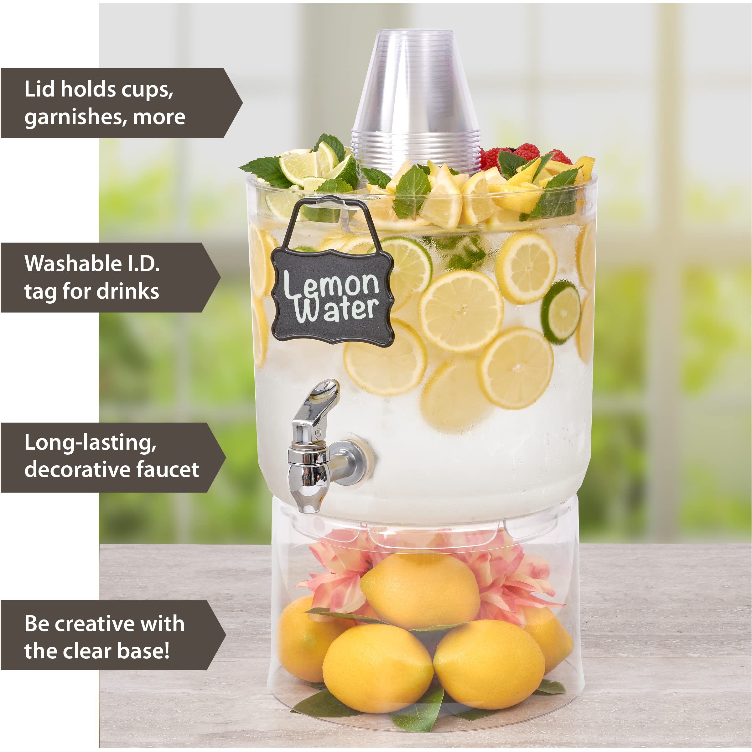 Buddeez party-top lid close-up holding sliced fruit and garnishes for attractive serving