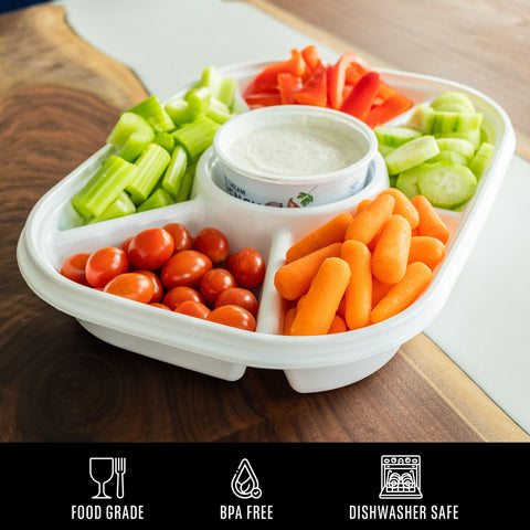 Buddeez stacked trays in fridge demonstrating space-saving storage advantage
