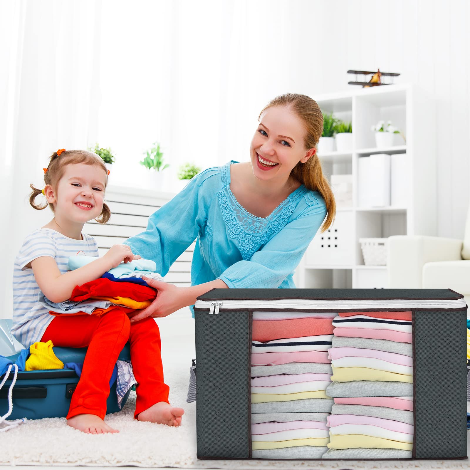 Budding Joy stacked bags in closet showing organized space-saving benefit