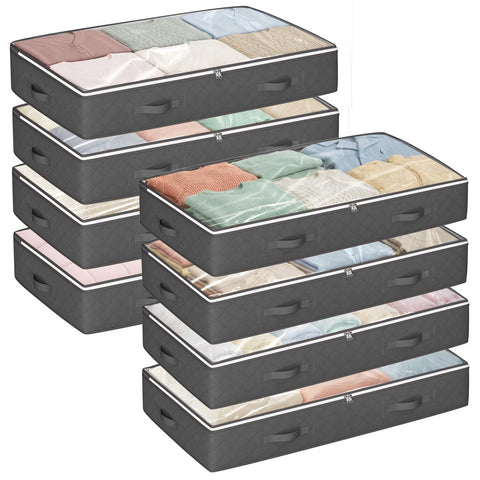 Budding Joy front view of 8-pack grey storage bags showing compact packaging and benefit of high capacity