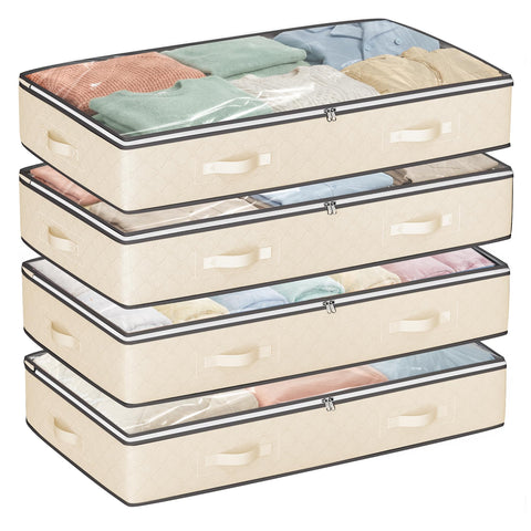 Budding Joy front view of four beige underbed organizers showing neat storage benefit