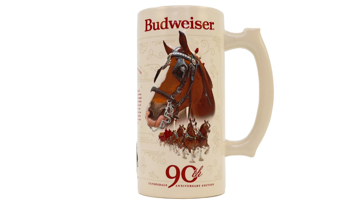 Budweiser stein on man cave shelf in lifestyle scene enhancing room decor and gifting benefit