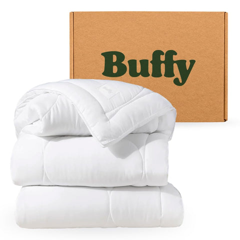 Buffy front view showing crisp white comforter and cool-sleep benefit
