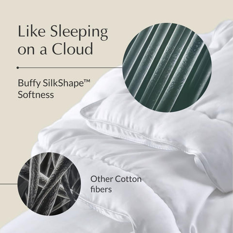 Buffy on queen bed styled to show lightweight, breathable comfort