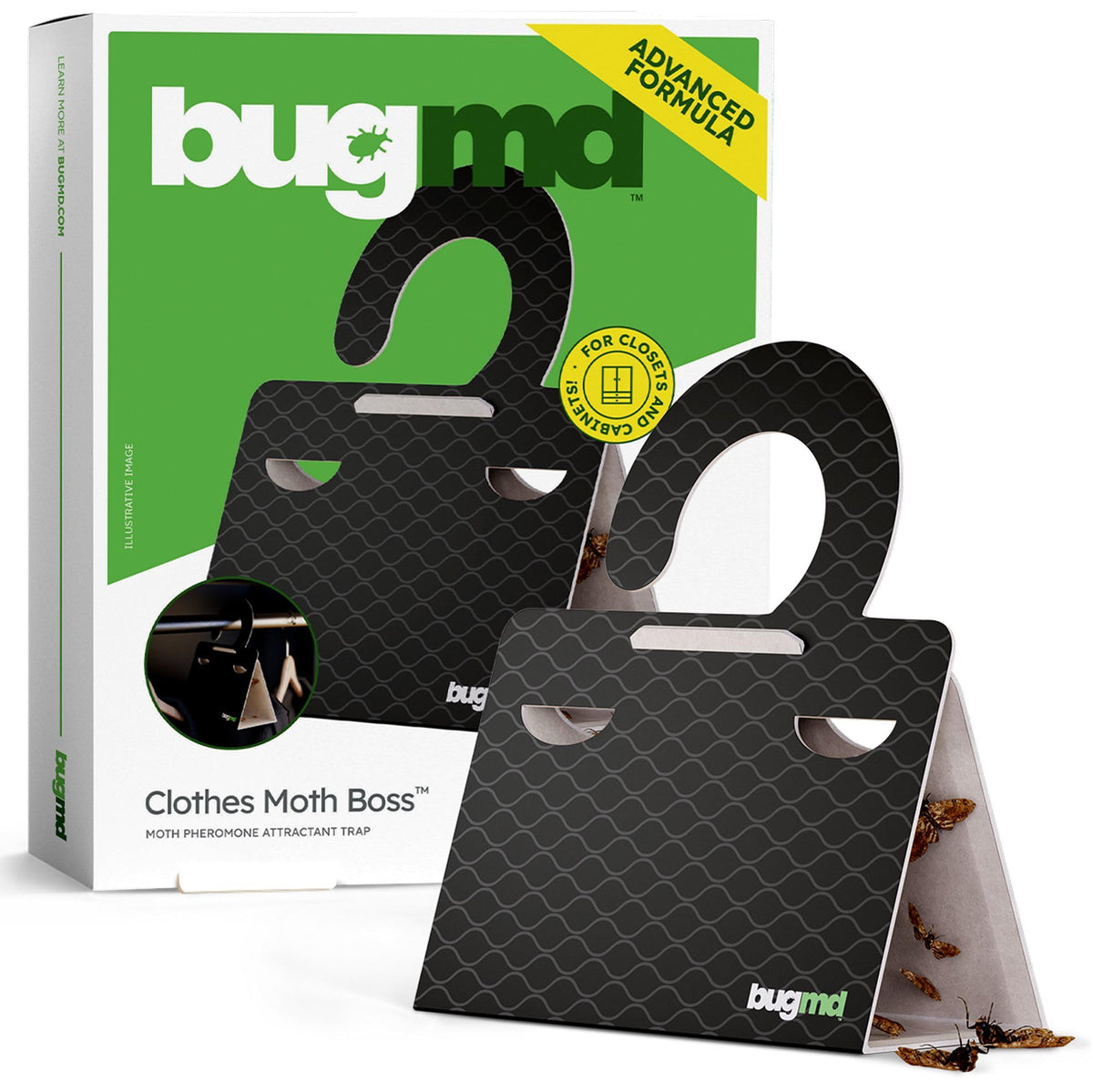 BugMD front packaging showing six pheromone moth traps and easy setup benefit
