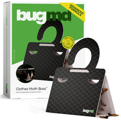 BugMD front packaging showing six pheromone moth traps and easy setup benefit