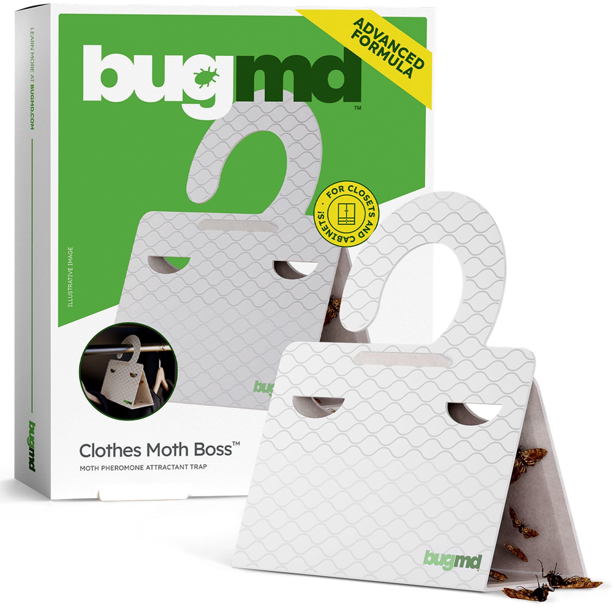 BugMD front packaging showing six pre-baited moth traps and benefits