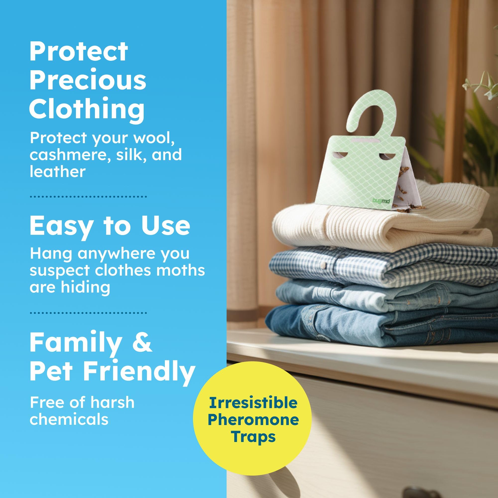BugMD trap hanging behind coats in closet offering fabric protection