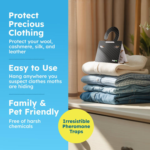 BugMD trap positioned in a closet behind coats for targeted clothes protection