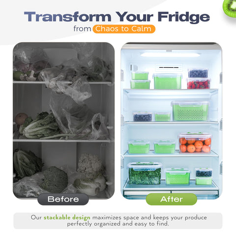 Built-Way stacked containers in fridge demonstrating space-saving organization benefit