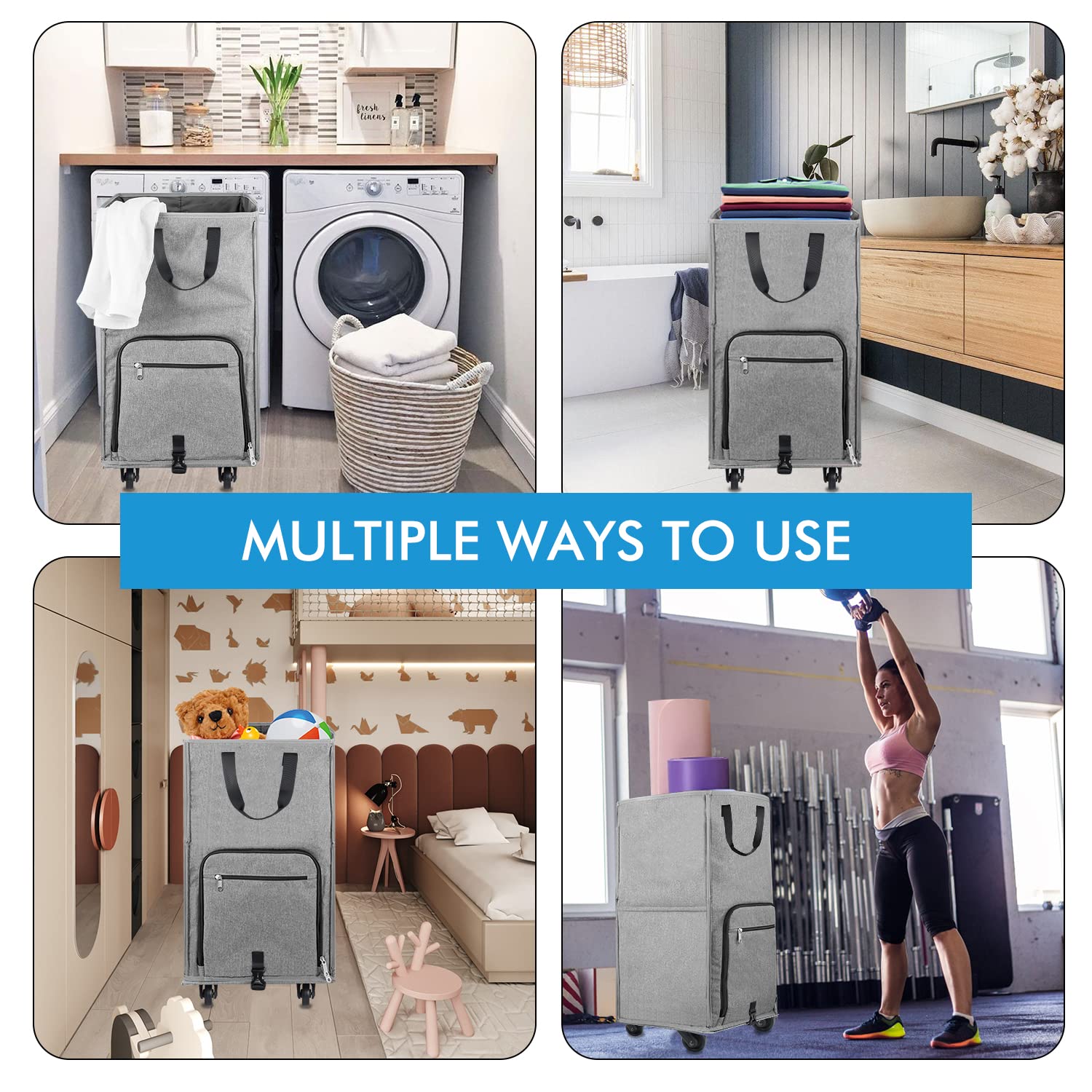 Bukere in a dorm room setting showing convenient transport to laundromat