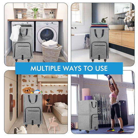 Bukere in a dorm room setting showing convenient transport to laundromat