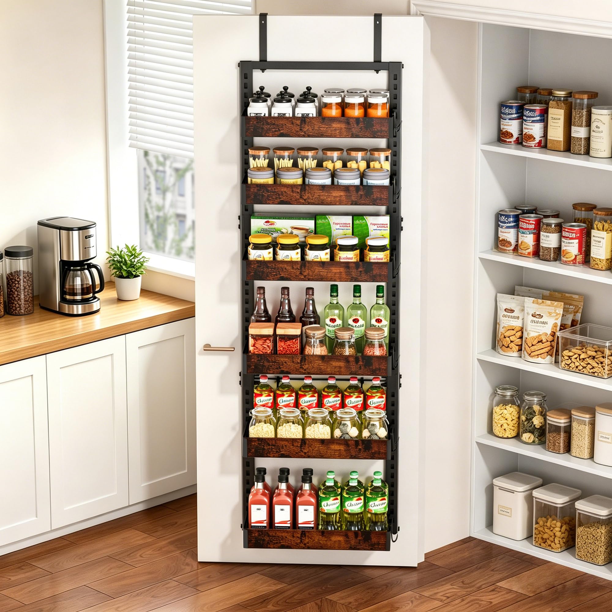 BUKFEN adjustable baskets at varied heights demonstrating flexible storage for tall bottles and short jars