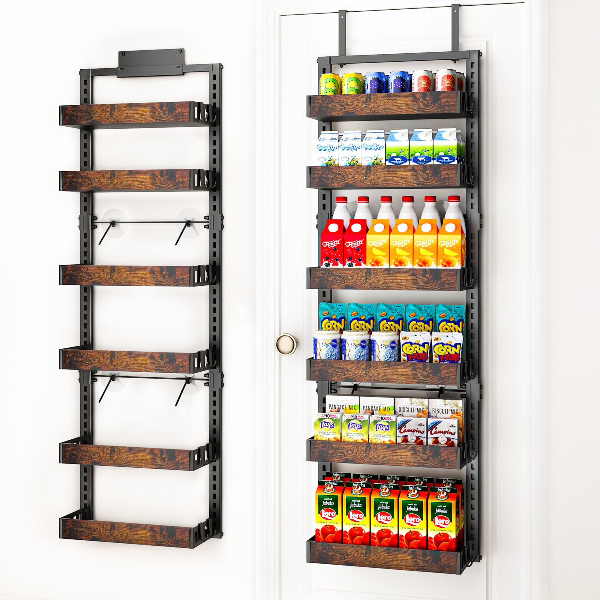 BUKFEN front view of the over-the-door organizer showing warm wood baskets and black frame for tidy storage
