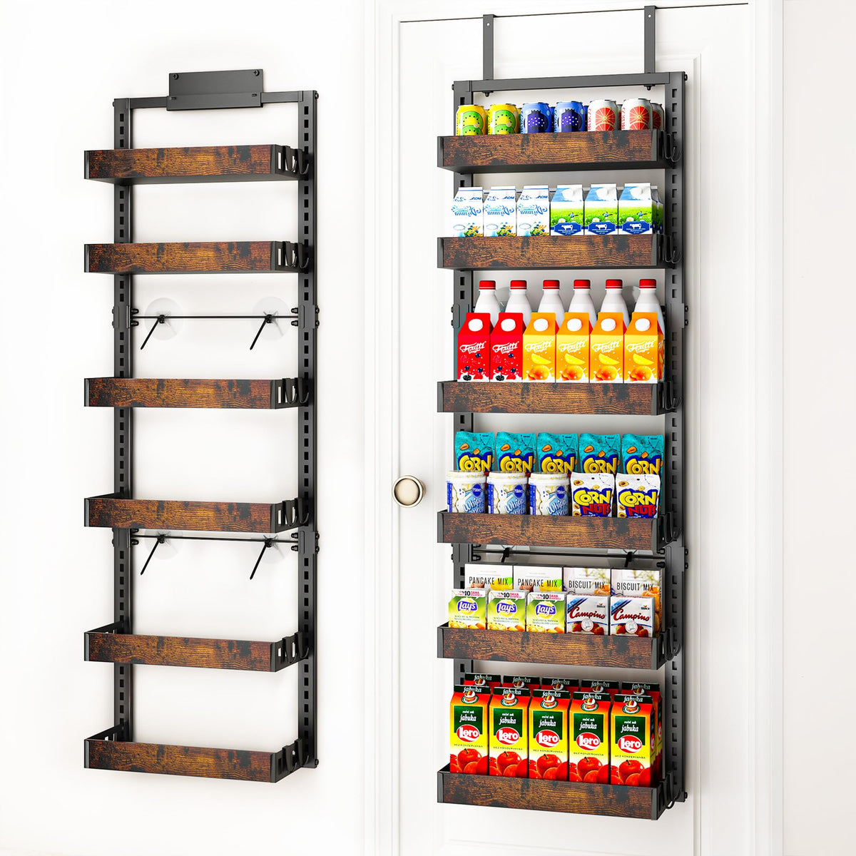 BUKFEN front view of the over-the-door organizer showing warm wood baskets and black frame for tidy storage