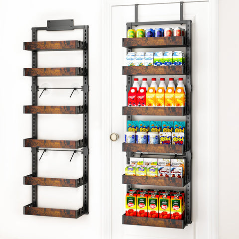 BUKFEN front view of the over-the-door organizer showing warm wood baskets and black frame for tidy storage