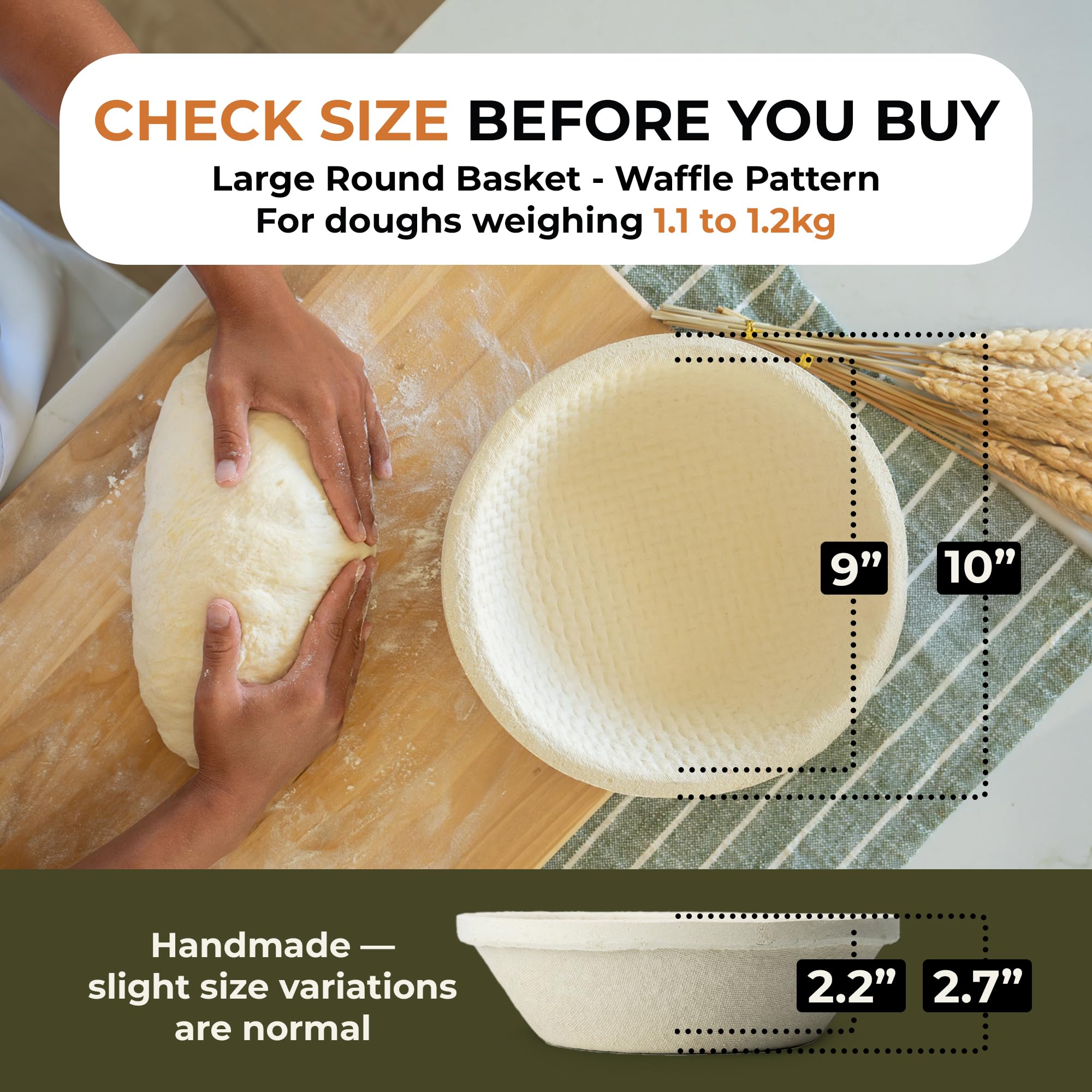 Bulka banneton holding proofed dough demonstrating improved dome and shape control