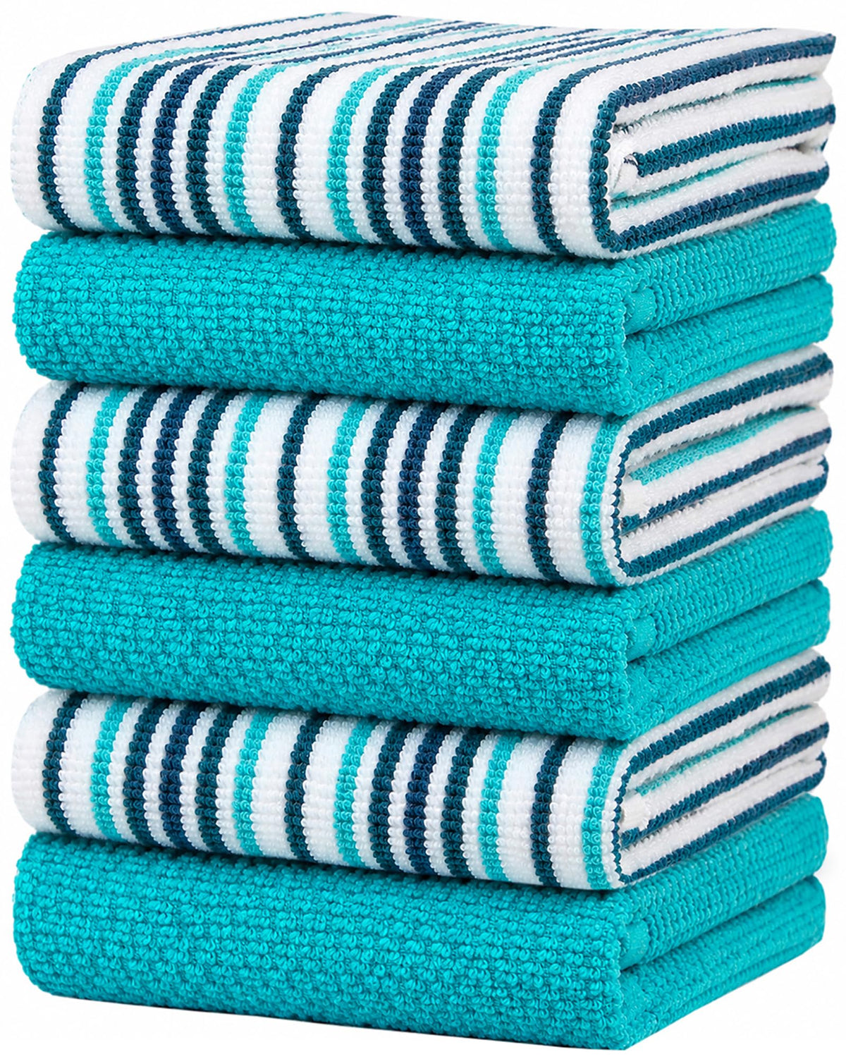 Bumble Towels front packaging showing six aqua towels and included tote, neat presentation benefit