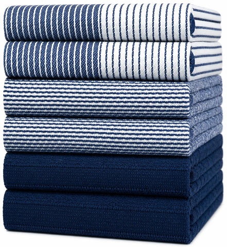 Bumble Towels front packaging in navy shows six towel set and benefits