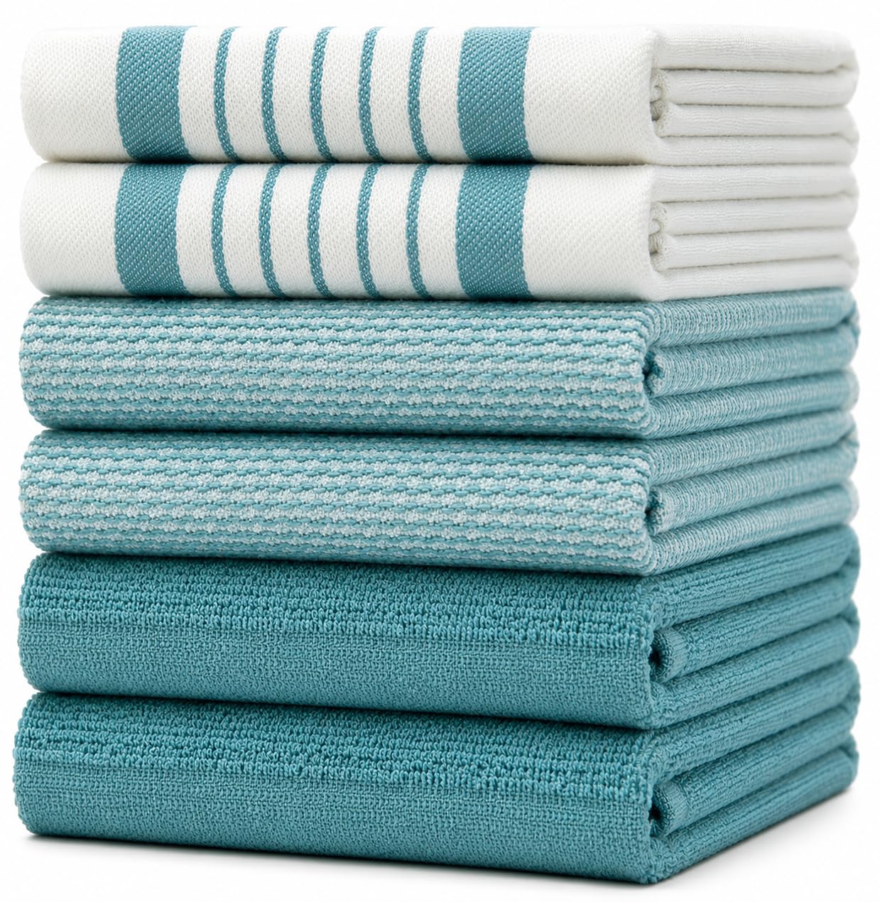 Bumble Towels front stack showing aqua color and neat fold, promotes organized kitchen