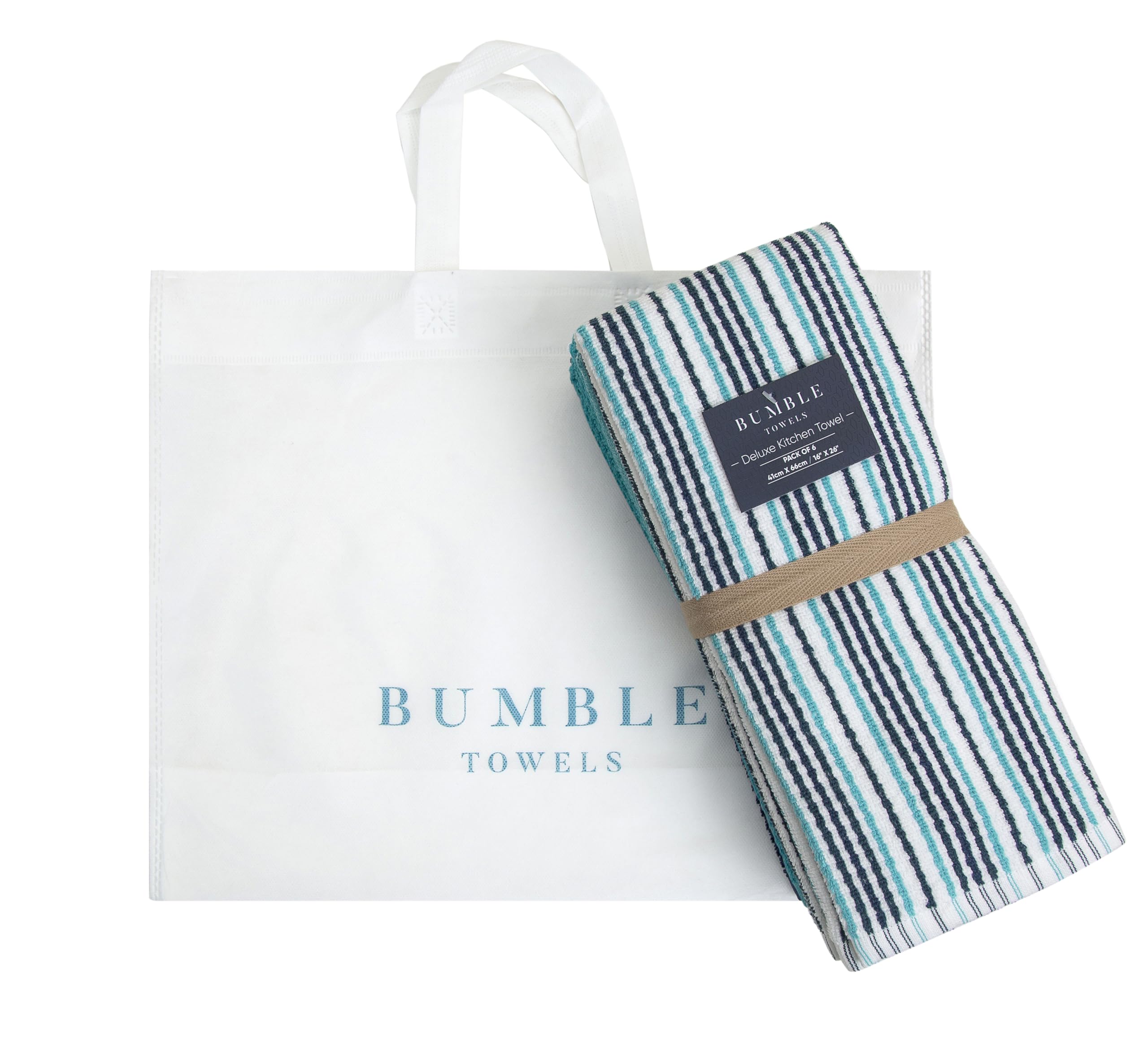 Bumble Towels next to utensils showing 16x26 size and practical coverage benefit