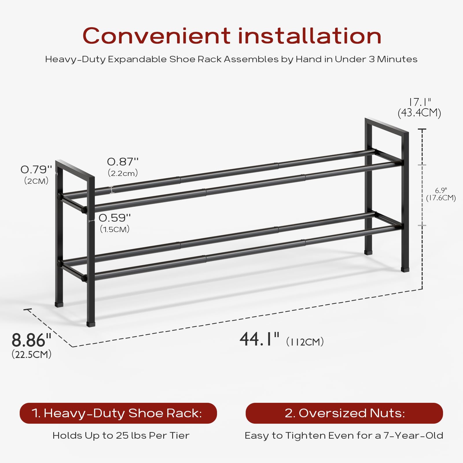 Bumusty two-tier rack loaded with shoes demonstrating organized storage benefit