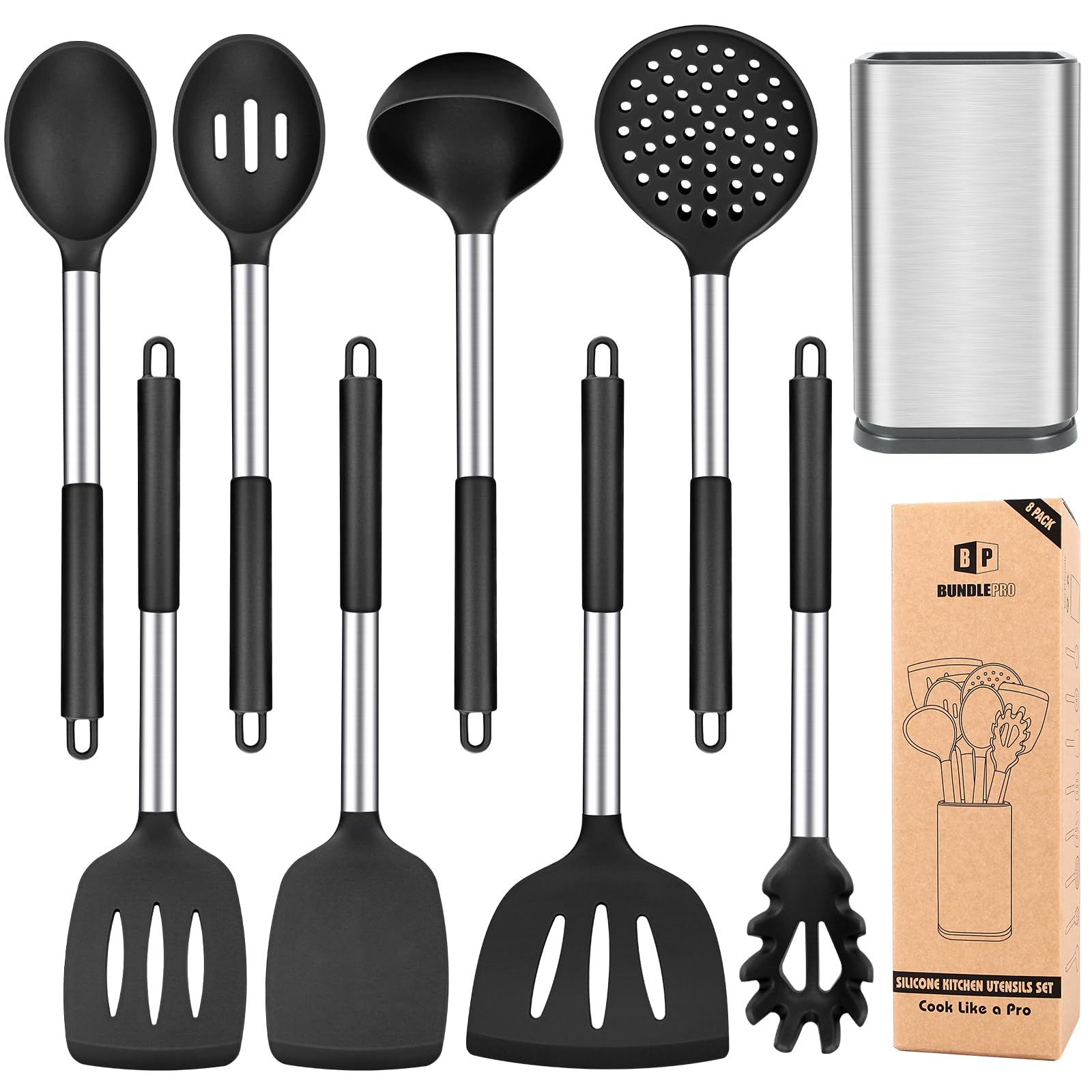 BUNDLEPRO front view with holder showing full 8-piece black set for organized storage
