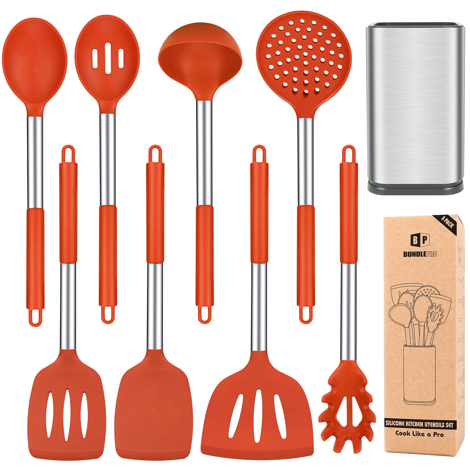 BUNDLEPRO front view of red 8-piece utensil set showing organized holder benefit
