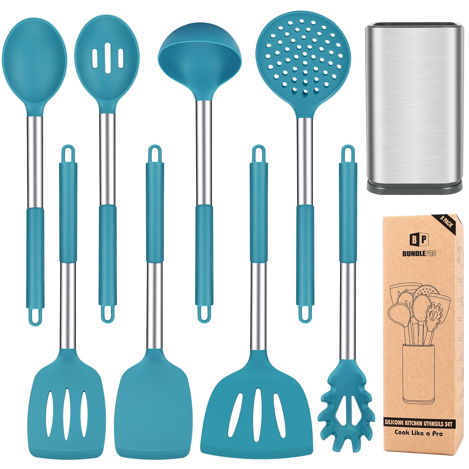 BUNDLEPRO front view of 8-piece blue utensil set and stainless holder, organized and space-saving