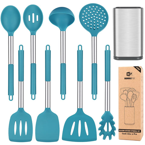 BUNDLEPRO front view of 8-piece blue utensil set and stainless holder, organized and space-saving