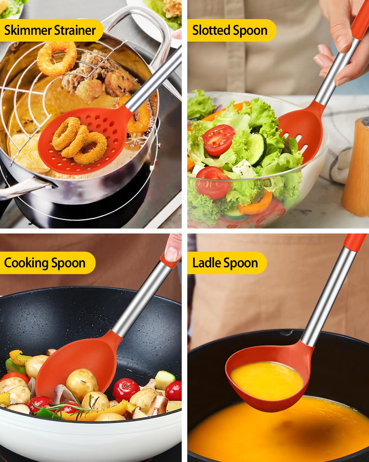 BUNDLEPRO utensils in use stirring a skillet for comfortable heat-safe handling