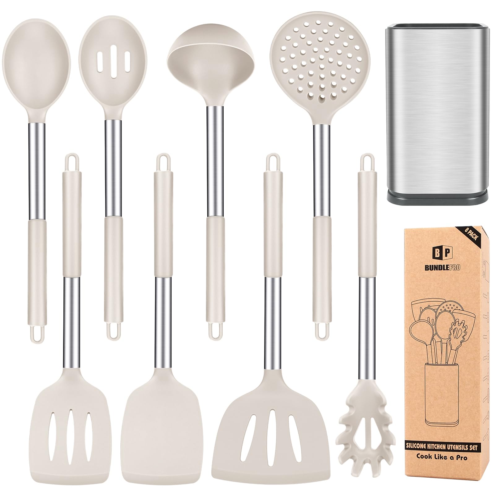 BUNDLEPRO khaki 8-piece utensils set front view, organized and space-saving
