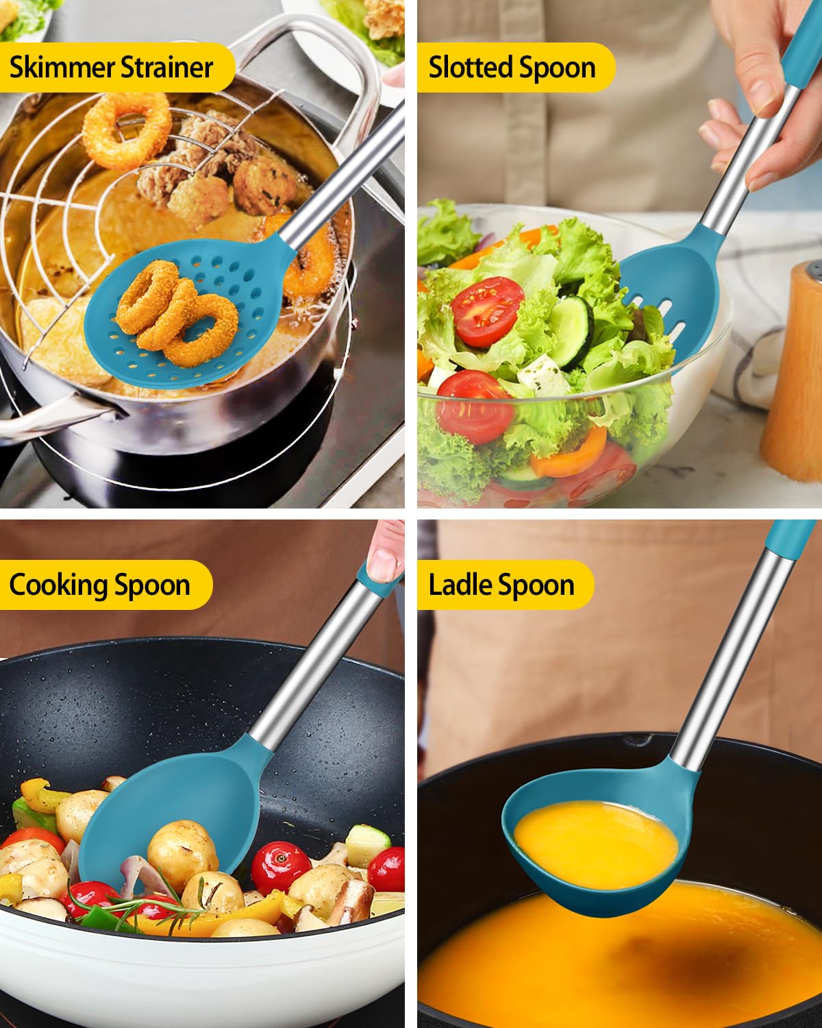 BUNDLEPRO slotted spatula in nonstick pan protecting the surface while flipping food