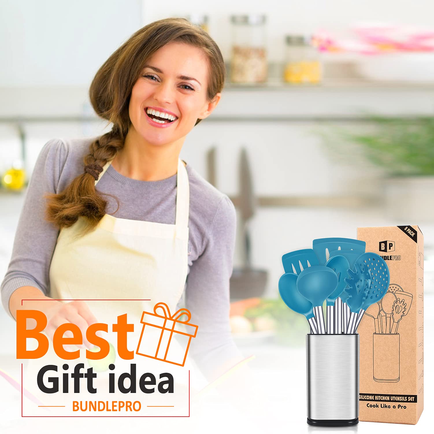 BUNDLEPRO stainless-steel holder on countertop keeping utensils tidy and accessible