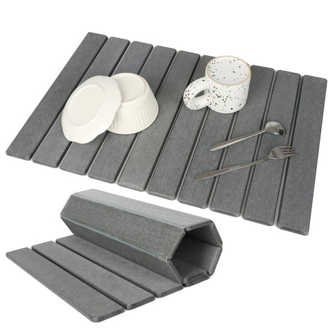 Bunmery front view of the 24x16 dark gray stone mat showing clean countertop benefit