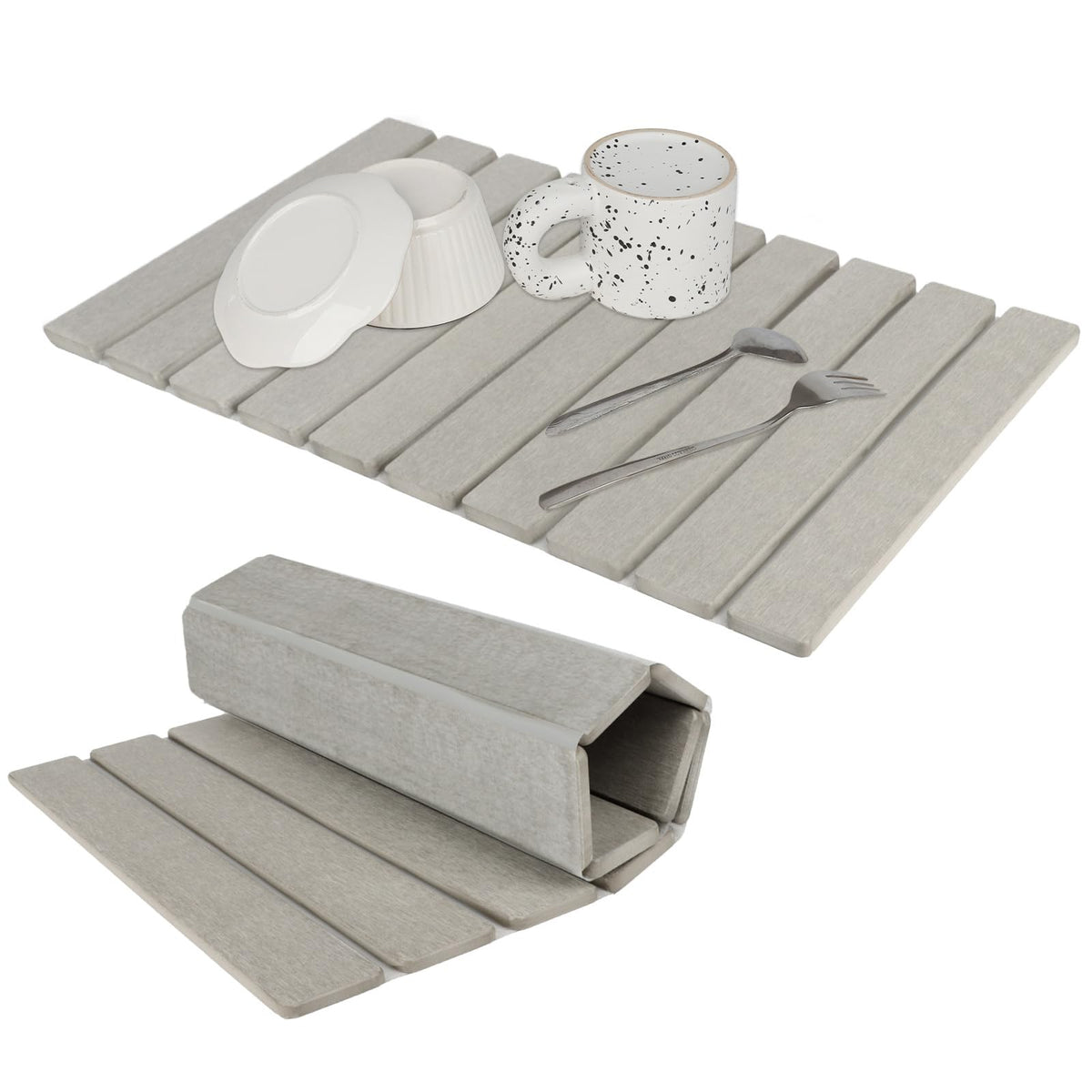 Bunmery front packaging and full 24x16 mat showing clean countertop benefit