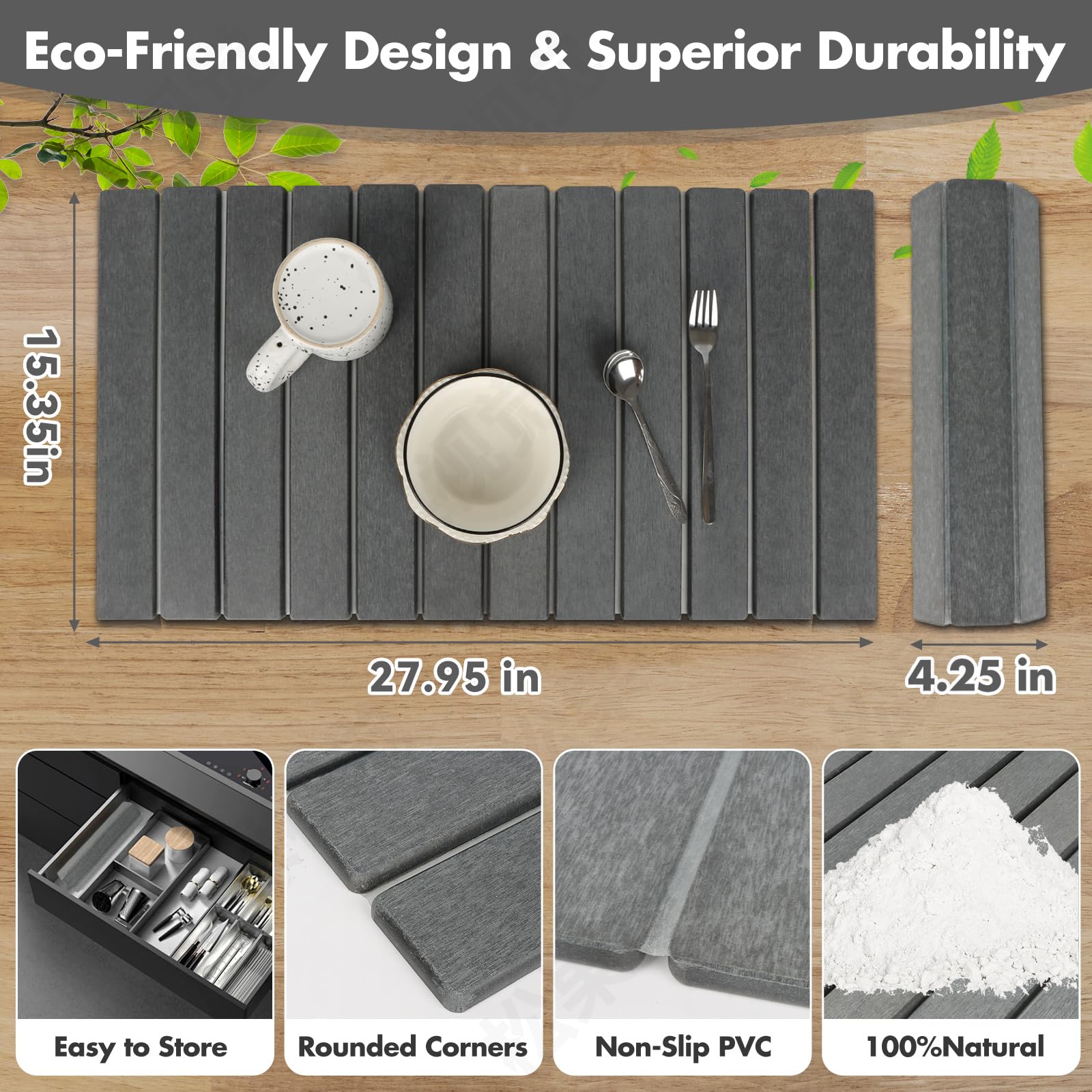 Bunmery mat with dishes drying quickly to keep countertop dry