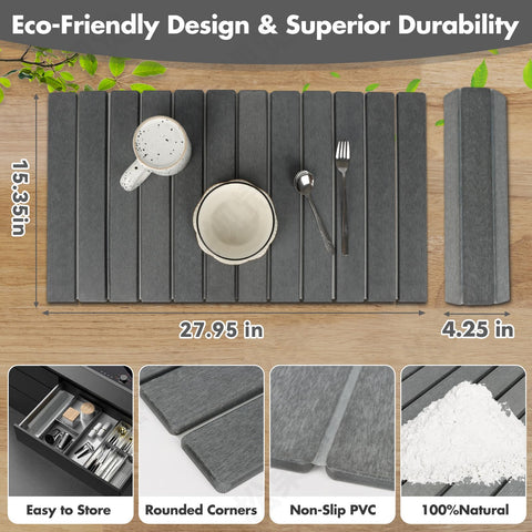 Bunmery mat with dishes drying quickly to keep countertop dry