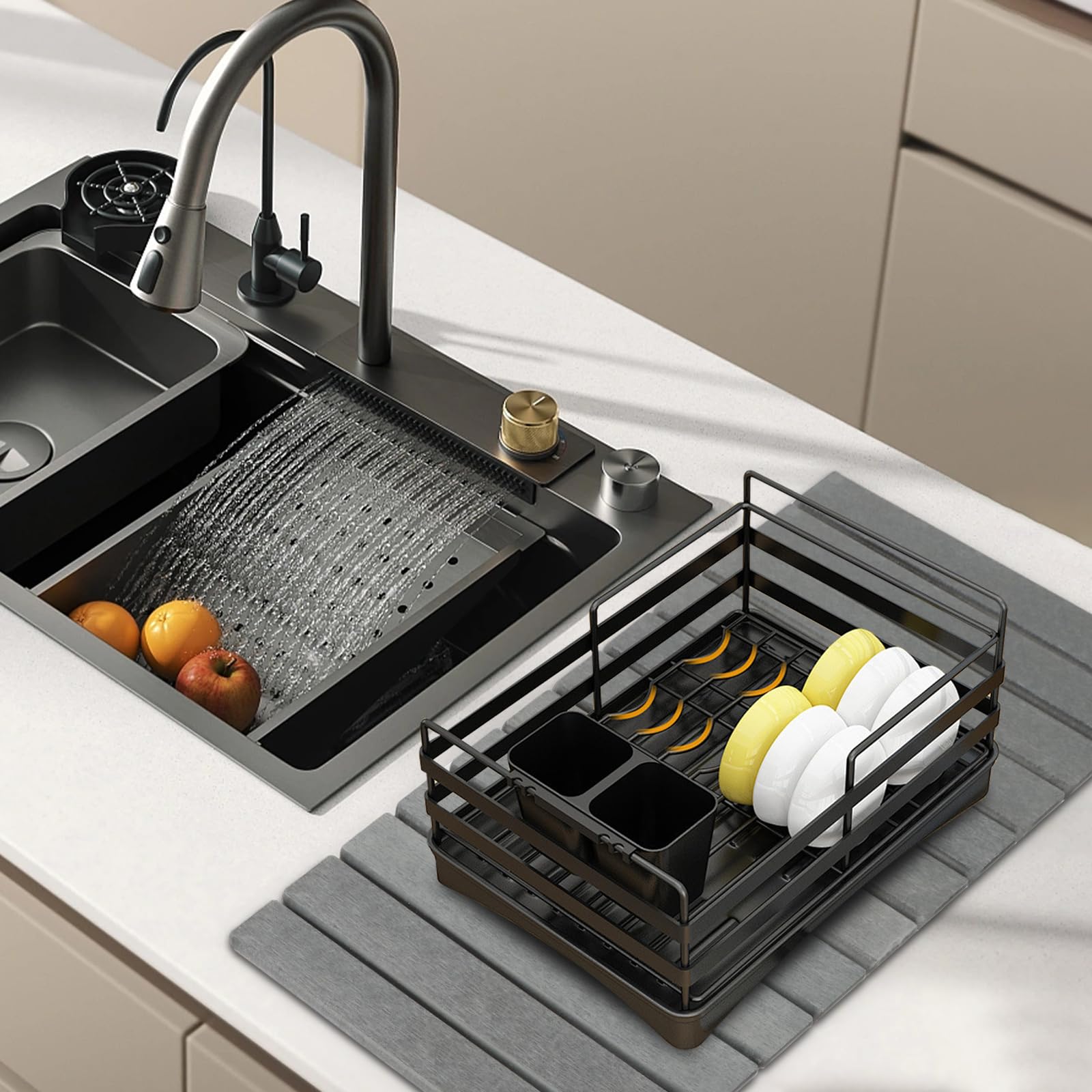 Bunmery mat on countertop beside sink showing true size and scale