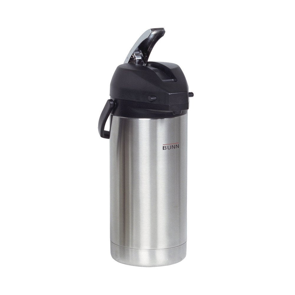 Bunn airpot front view showing pump and chrome finish, durable service-ready dispenser
