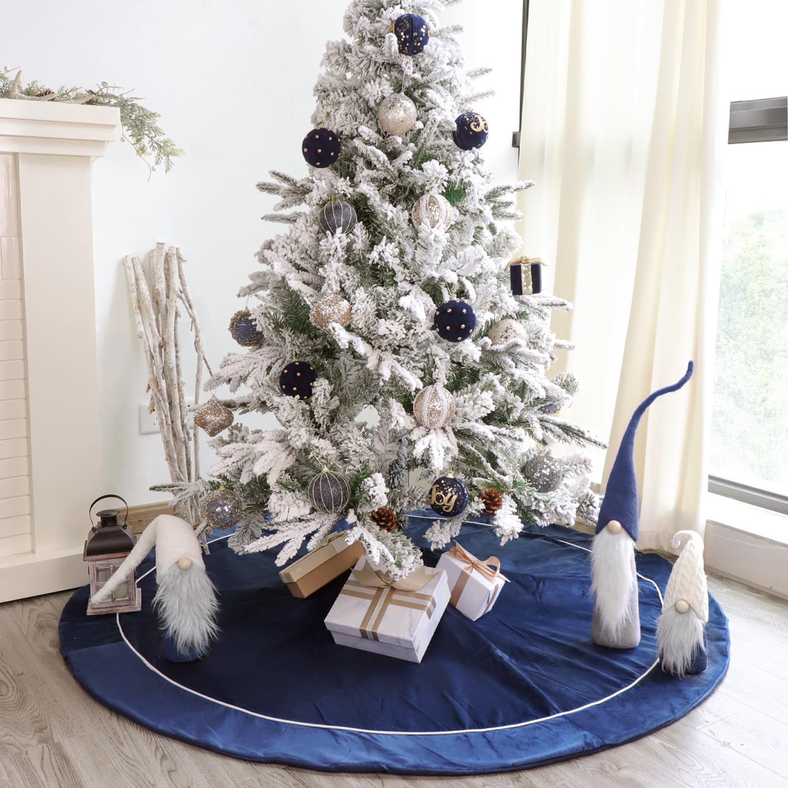 Bunny Chorus front view blue velvet tree skirt showing full coverage benefit