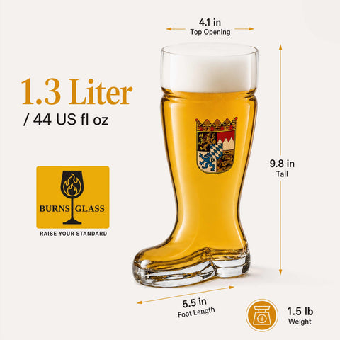 Burns Glass boot filled with beer illustrating generous 1.3L pour advantage