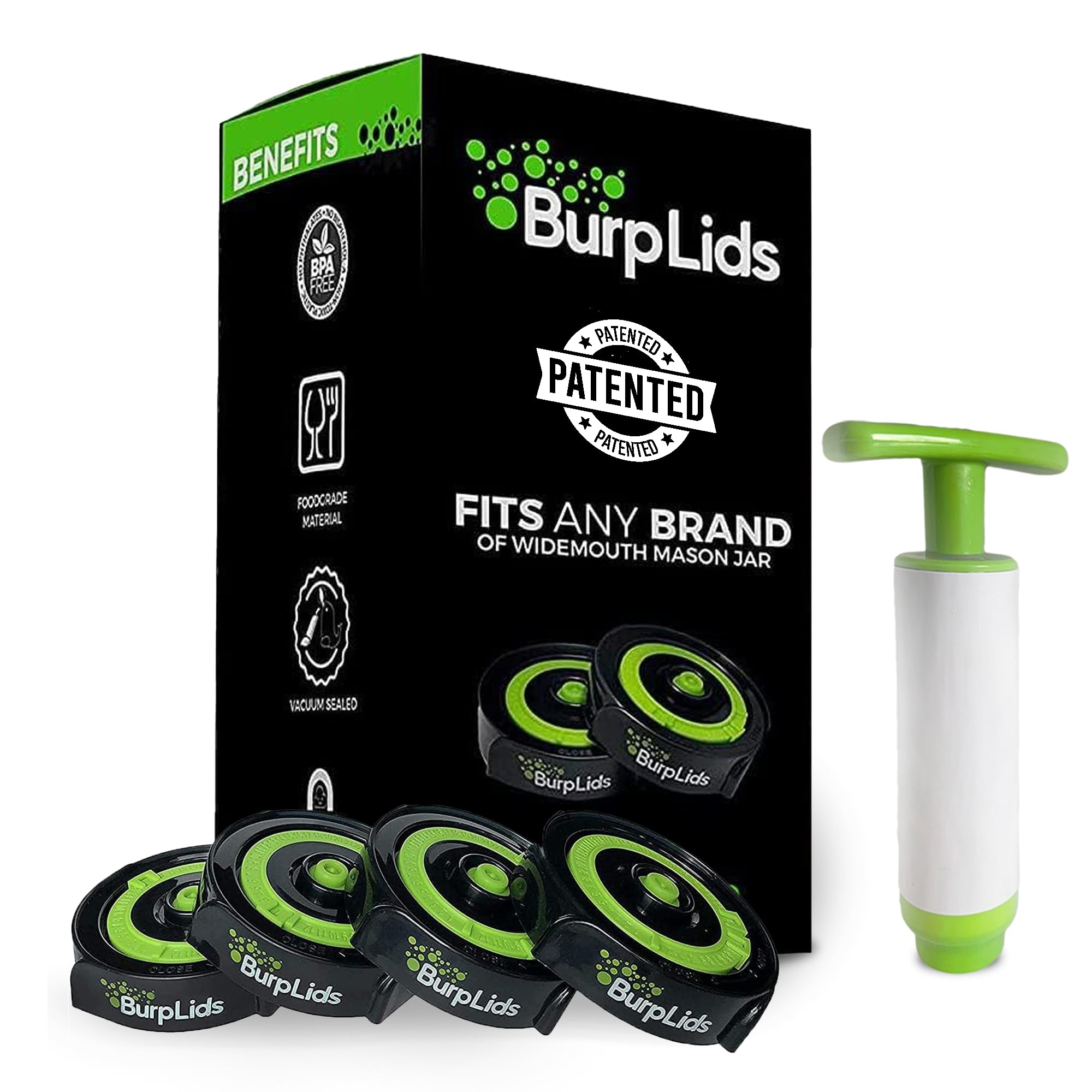 Burp Lids front packaging showing kit contents and benefits