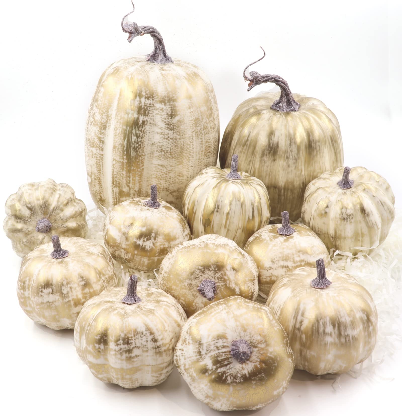 BURTINI front view of 12 gold brushed pumpkins showing the full set and styling benefit