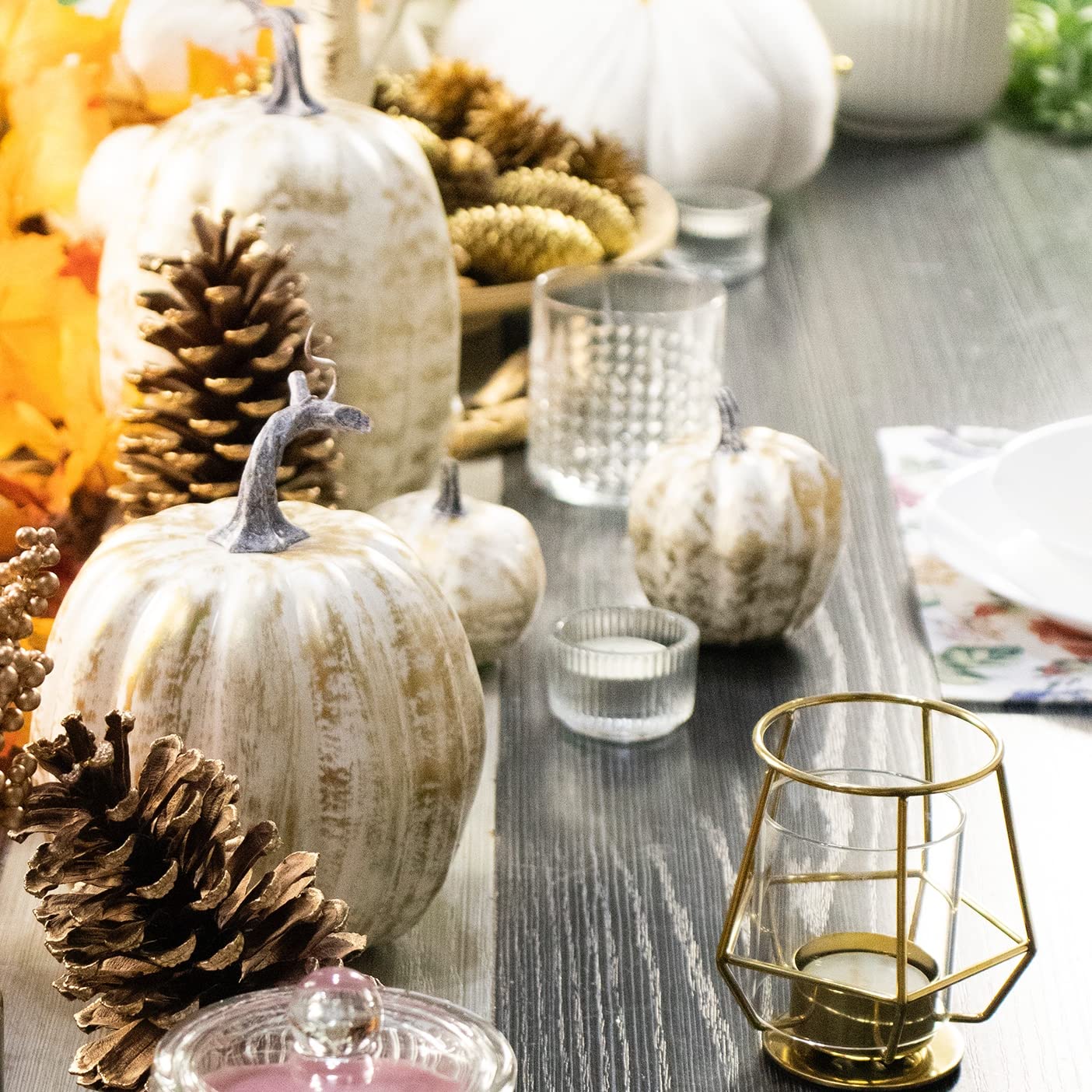BURTINI tabletop centerpiece styled with pumpkins showing elegant seasonal decor benefit