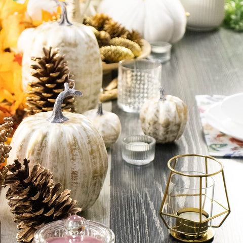 BURTINI tabletop centerpiece styled with pumpkins showing elegant seasonal decor benefit