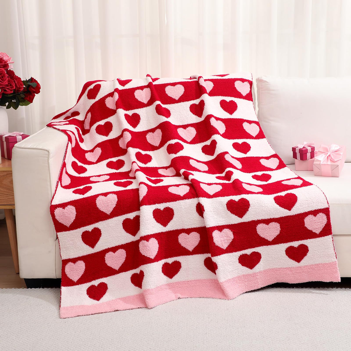 Buryeah front view of heart throw showing festive pattern and cozy look