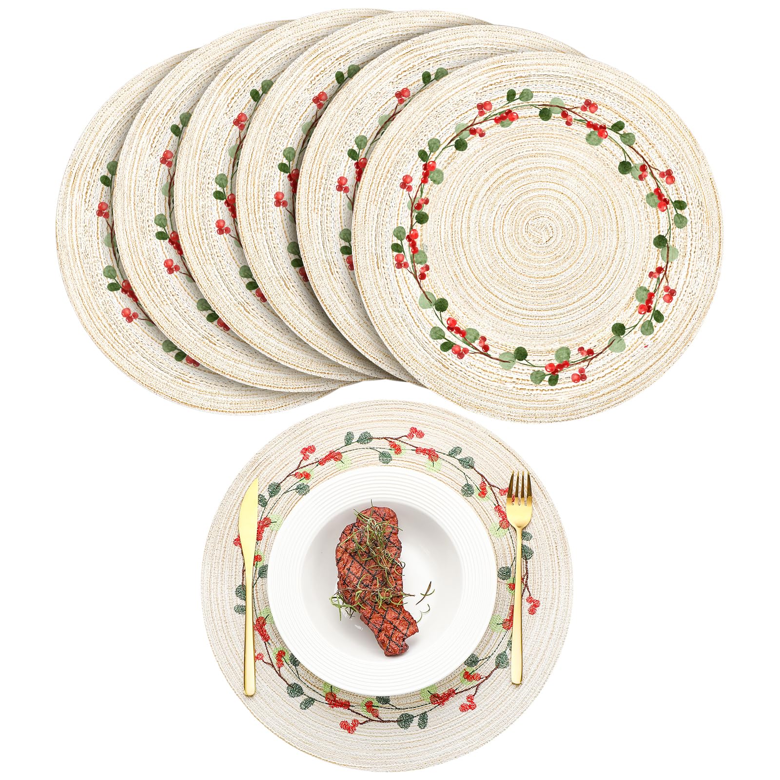 Buryeah front view of twelve placemats showing berry wreath design and benefit of coordinated set