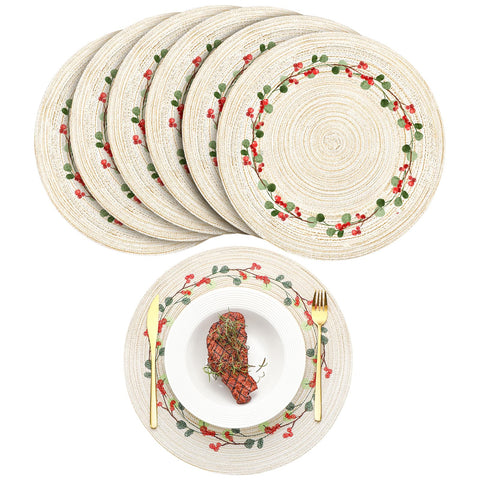 Buryeah front view of twelve placemats showing berry wreath design and benefit of coordinated set